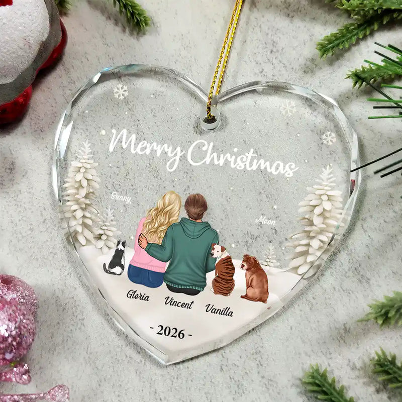 First Christmas As Mr & Mrs Dog Cat - Personalized Heart Shaped Glass Ornament