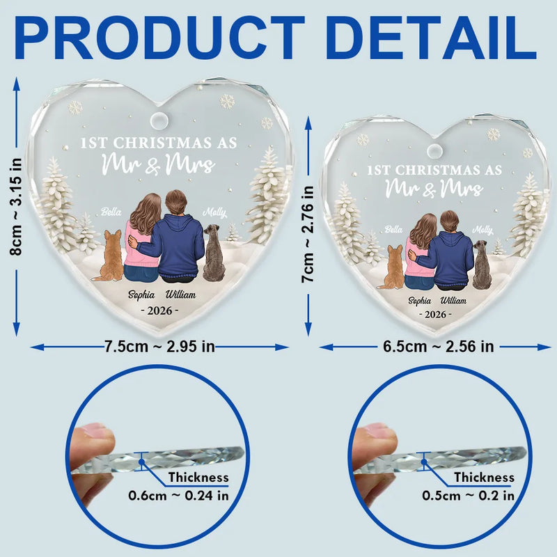 First Christmas As Mr & Mrs Dog Cat - Personalized Heart Shaped Glass Ornament