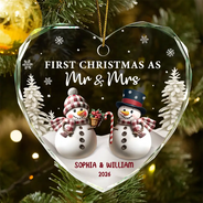 First Christmas As Mr & Mrs Snowman - Personalized Heart Shaped Glass Ornament