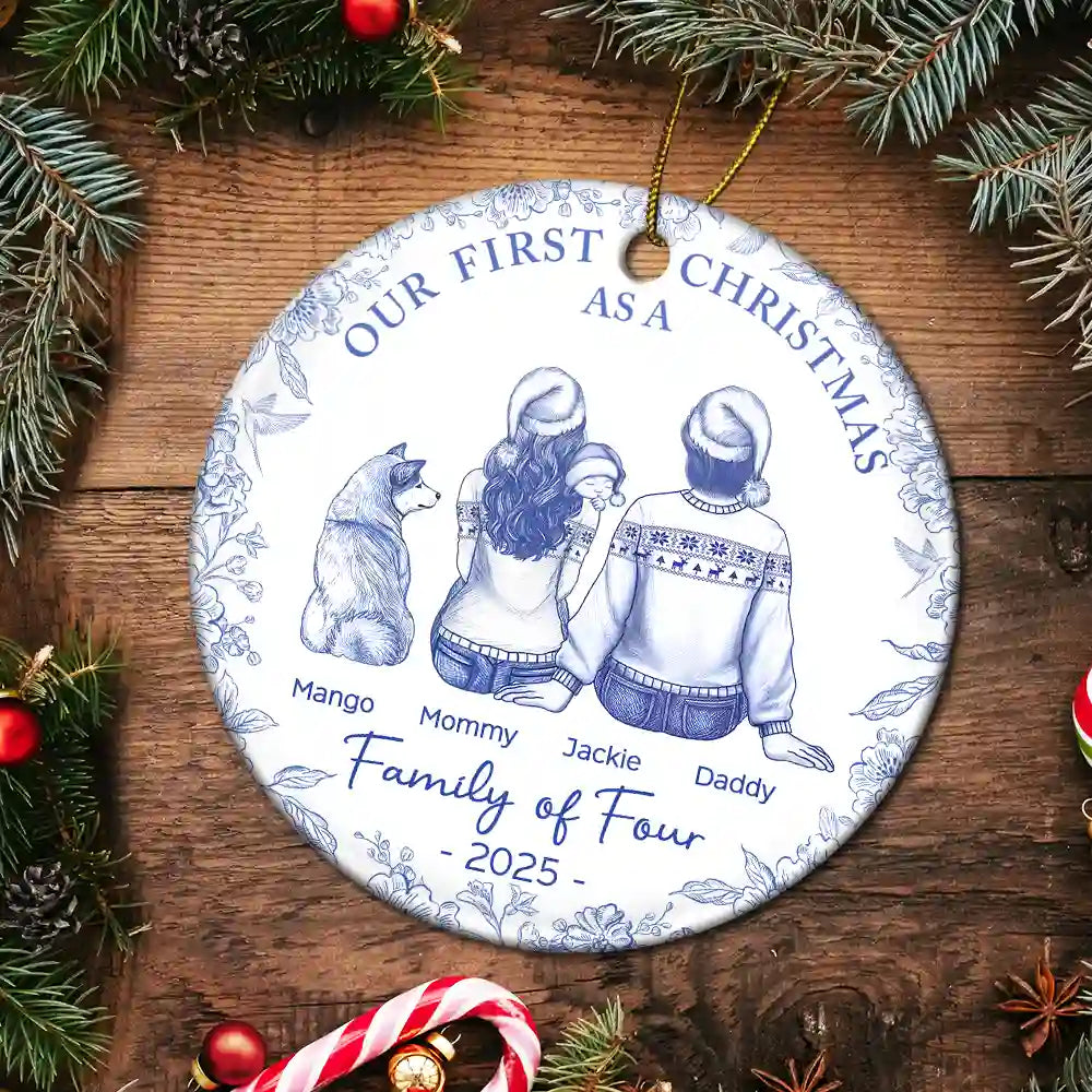 Christmas,Family,Dog Lovers,Cat Lovers,Pet Lovers,Parents,Happy,New Dad,New baby,New Mom - First Christmas As A Family Of Three New Parents Toile - Personalized Circle Ceramic Ornament
