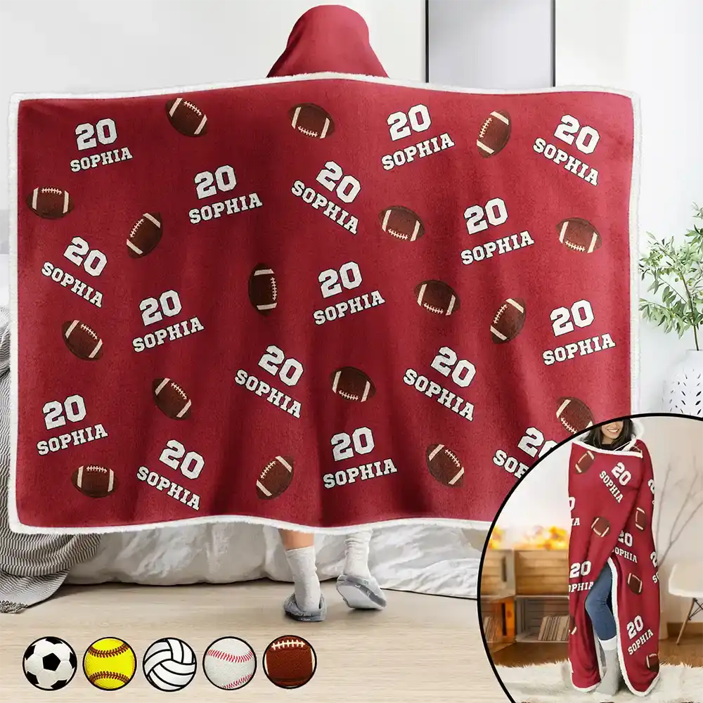 Sports Pattern Baseball Volleyball Basketball - Personalized Wearable Hooded Blanket