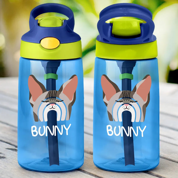 Cat Lovers,Happy - Custom Name Boho Rainbow Style Cat Face - Personalized Kids Water Bottle With Straw