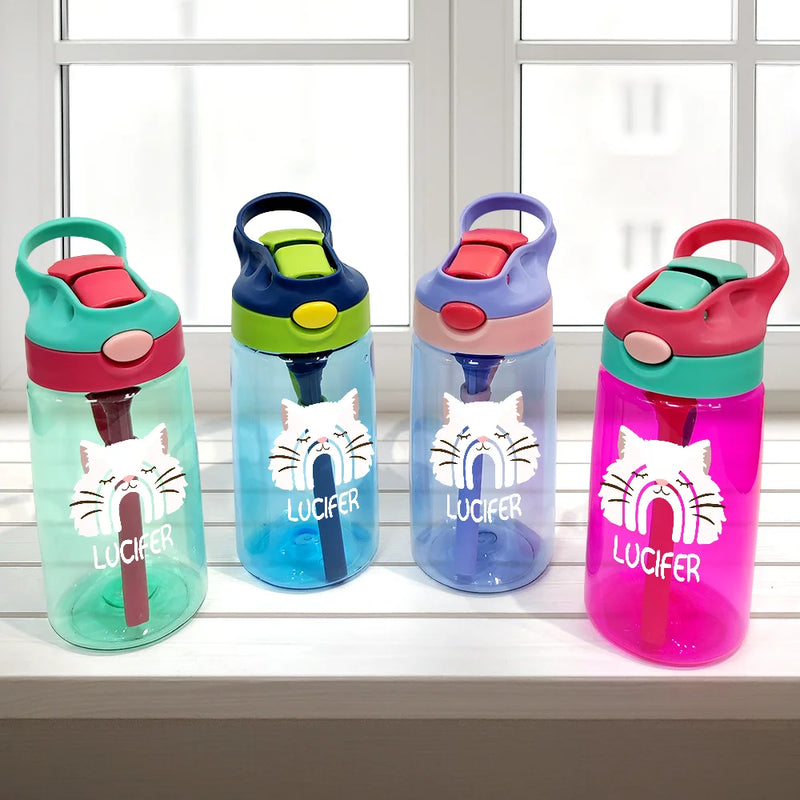 Cat Lovers,Happy - Custom Name Boho Rainbow Style Cat Face - Personalized Kids Water Bottle With Straw