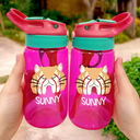 Cat Lovers,Happy - Custom Name Boho Rainbow Style Cat Face - Personalized Kids Water Bottle With Straw