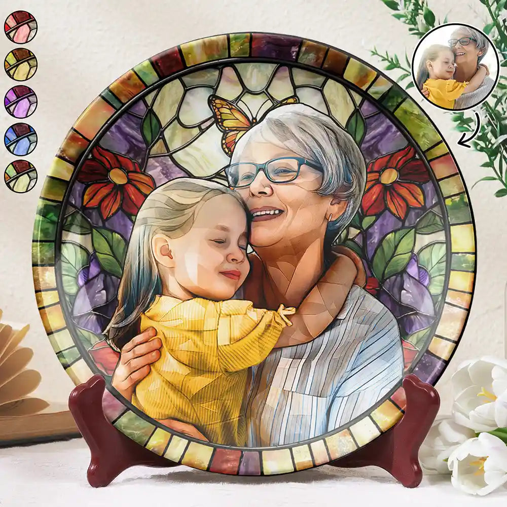 Gift For Wife,Gift For Mother,Gift For Grandma,Family,Non-Eng,Photo - Stained Glass,Cozy - Custom Photo Stained Glass Mom Grandma Parents Family Couple - Personalized Ceramic Plate