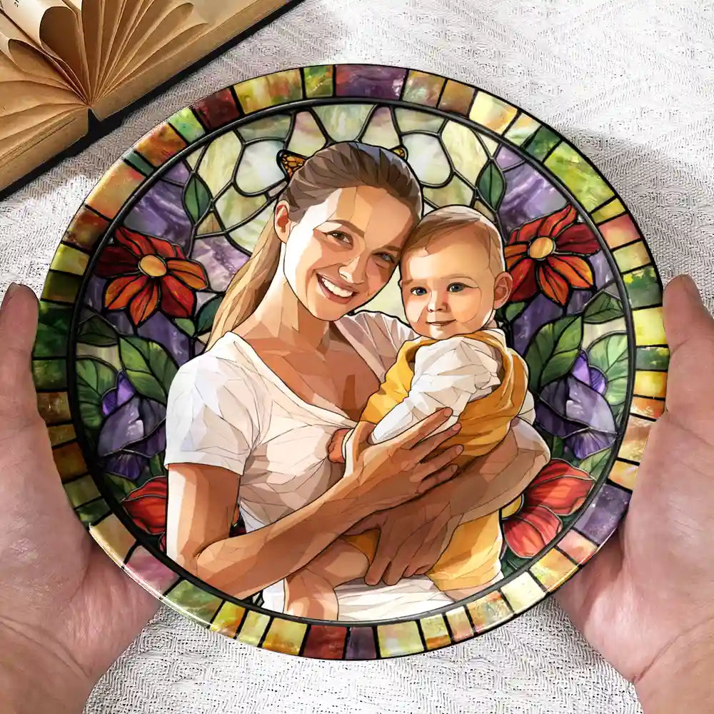 Gift For Wife,Gift For Mother,Gift For Grandma,Family,Non-Eng,Photo - Stained Glass,Cozy - Custom Photo Stained Glass Mom Grandma Parents Family Couple - Personalized Ceramic Plate