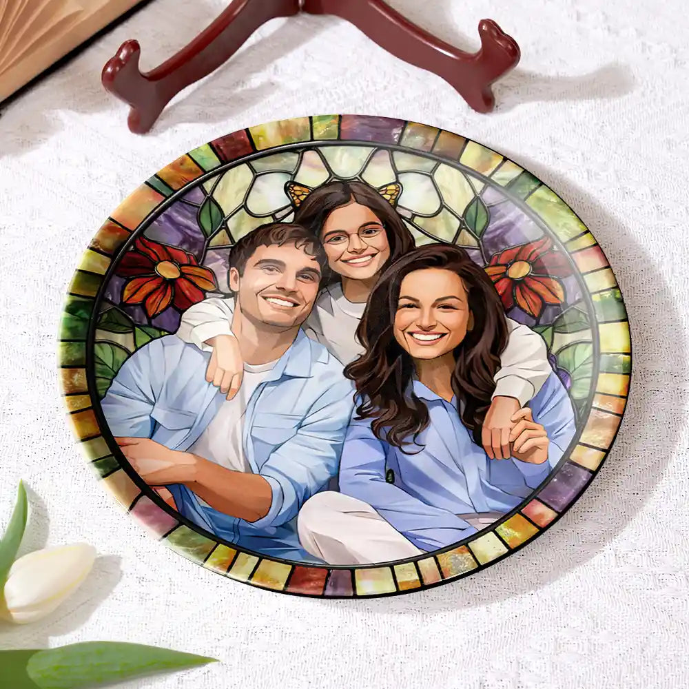 Gift For Wife,Gift For Mother,Gift For Grandma,Family,Non-Eng,Photo - Stained Glass,Cozy - Custom Photo Stained Glass Mom Grandma Parents Family Couple - Personalized Ceramic Plate
