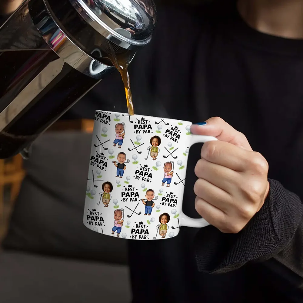 Gift For Husband,Gift For Yourself,Gift For Men,Gift For Father,Gift For Grandpa,Dad's Hobby,Grandpa's Hobby,Golf,Non-Eng,Photo,Humorous - Custom Photo Best Dad By Par Funny Kid - Personalized White Edge-to-Edge Mug