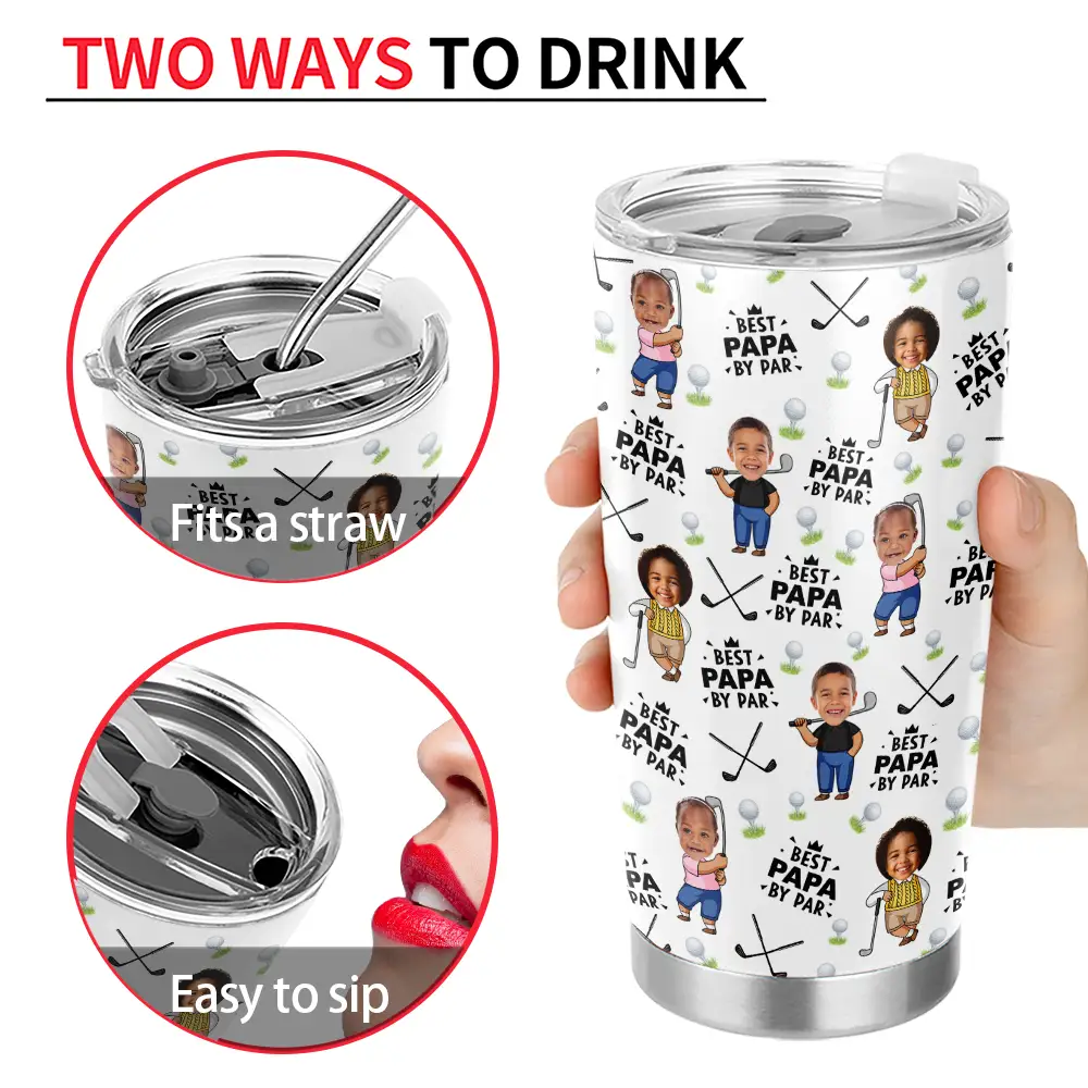 Gift For Husband,Gift For Yourself,Gift For Men,Gift For Father,Gift For Grandpa,Dad's Hobby,Grandpa's Hobby,Golf,Non-Eng,Photo,Playful - Custom Photo Best Dad By Par Funny Kid - Personalized Tumbler