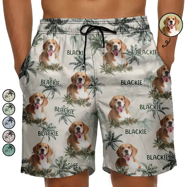 Gift For Husband,Gift For Yourself,Gift For Men,Gift For Father,Gift For Grandpa,Dog Lovers,Pet Lovers,Cat Lovers,Dog Dad,Cat Dad,Pet Dad,Summer,Non-Eng,Photo,Playful - Custom Photo Tropical Palm Dog Cat Kid - Personalized Unisex Beach Shorts