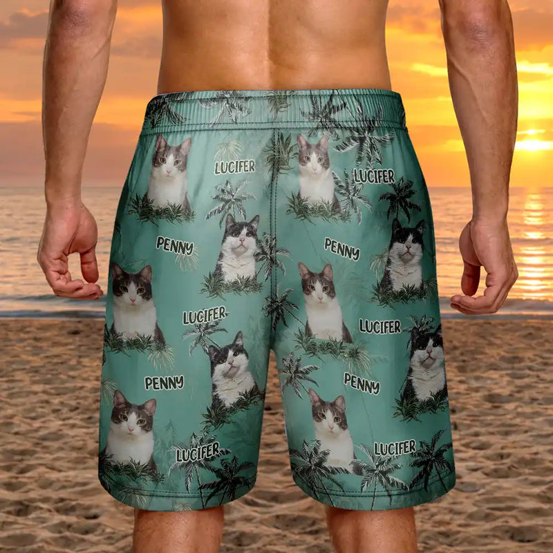 Gift For Husband,Gift For Yourself,Gift For Men,Gift For Father,Gift For Grandpa,Dog Lovers,Pet Lovers,Cat Lovers,Dog Dad,Cat Dad,Pet Dad,Summer,Non-Eng,Photo,Playful - Custom Photo Tropical Palm Dog Cat Kid - Personalized Unisex Beach Shorts