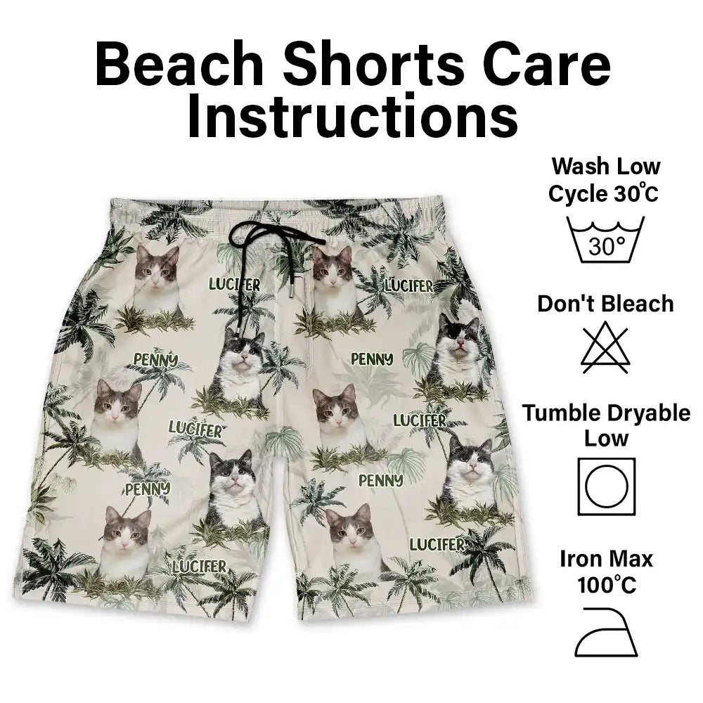 Gift For Husband,Gift For Yourself,Gift For Men,Gift For Father,Gift For Grandpa,Dog Lovers,Pet Lovers,Cat Lovers,Dog Dad,Cat Dad,Pet Dad,Summer,Non-Eng,Photo,Playful - Custom Photo Tropical Palm Dog Cat Kid - Personalized Unisex Beach Shorts