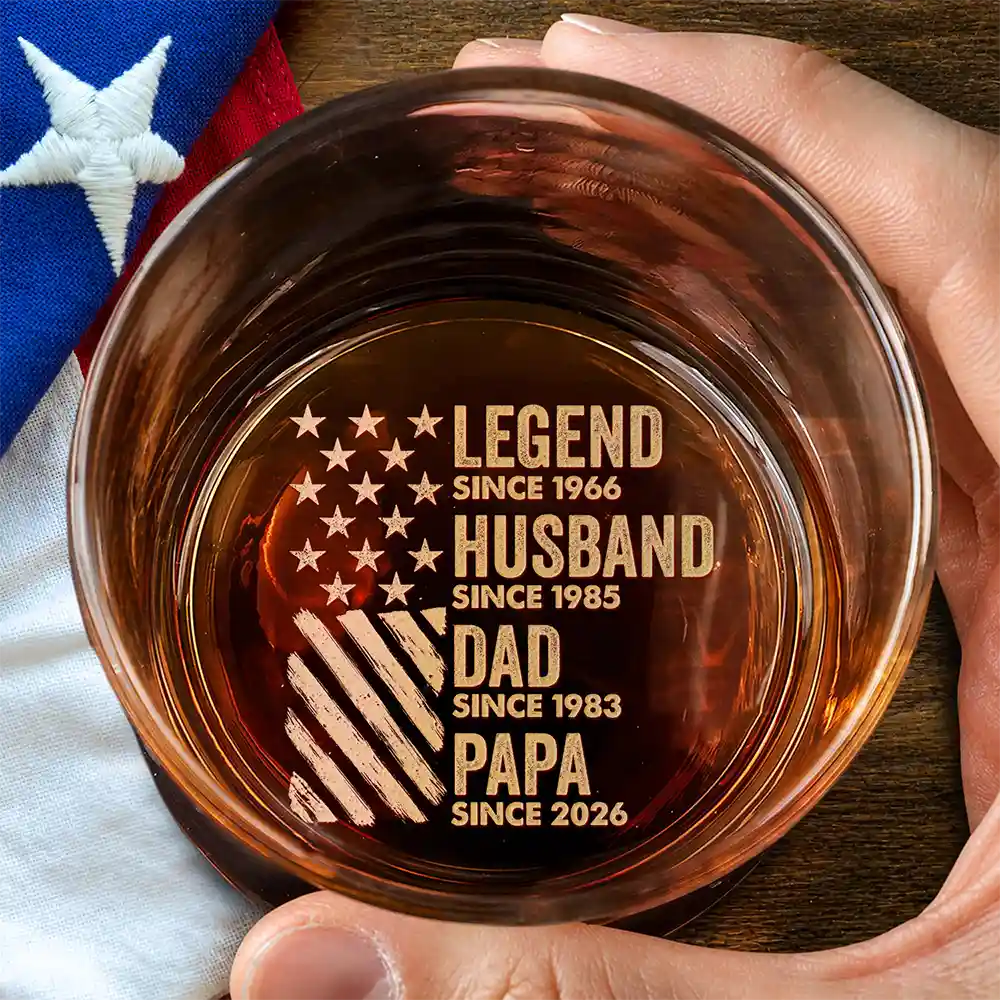 Gift For Father,Gift For Grandpa,Independence Day,Custom Text,Proud - America Legend Husband Dad Papa Stars And Stripes - Personalized Engraved Whiskey Glass