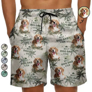Gift For Husband,Gift For Yourself,Gift For Men,Gift For Father,Gift For Grandpa,Dog Lovers,Pet Lovers,Cat Lovers,Dog Dad,Cat Dad,Pet Dad,Summer,Non-Eng,Photo,Playful - Custom Photo Best Dog Dad Ever Tropical Palm Dog Cat Kid - Personalized Unisex Beach Shorts