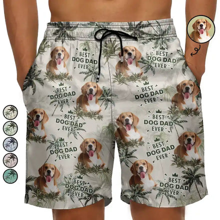 Custom Photo Best Dog Dad Ever Tropical Palm Dog Cat Kid - Personalized Unisex Beach Shorts
