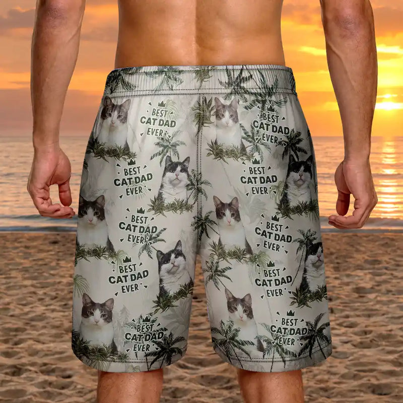 Gift For Husband,Gift For Yourself,Gift For Men,Gift For Father,Gift For Grandpa,Dog Lovers,Pet Lovers,Cat Lovers,Dog Dad,Cat Dad,Pet Dad,Summer,Non-Eng,Photo,Playful - Custom Photo Best Dog Dad Ever Tropical Palm Dog Cat Kid - Personalized Unisex Beach Shorts