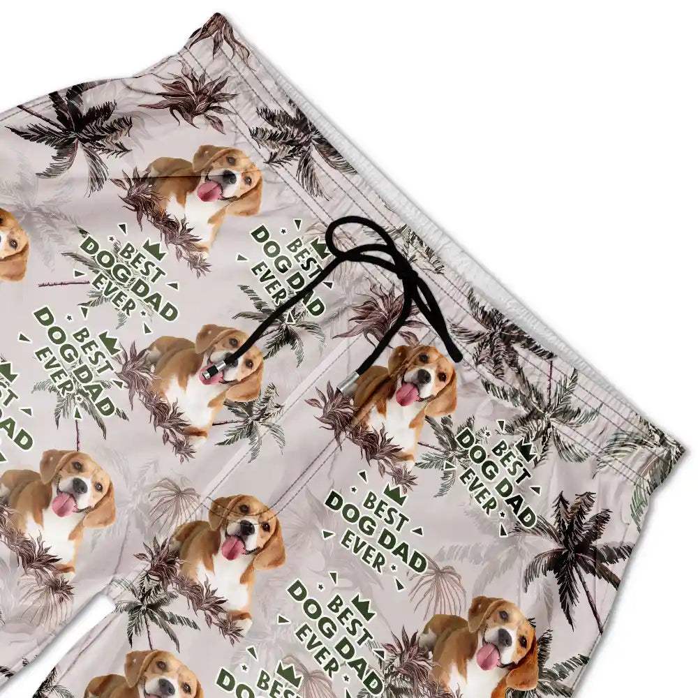 Gift For Husband,Gift For Yourself,Gift For Men,Gift For Father,Gift For Grandpa,Dog Lovers,Pet Lovers,Cat Lovers,Dog Dad,Cat Dad,Pet Dad,Summer,Non-Eng,Photo,Playful - Custom Photo Best Dog Dad Ever Tropical Palm Dog Cat Kid - Personalized Unisex Beach Shorts