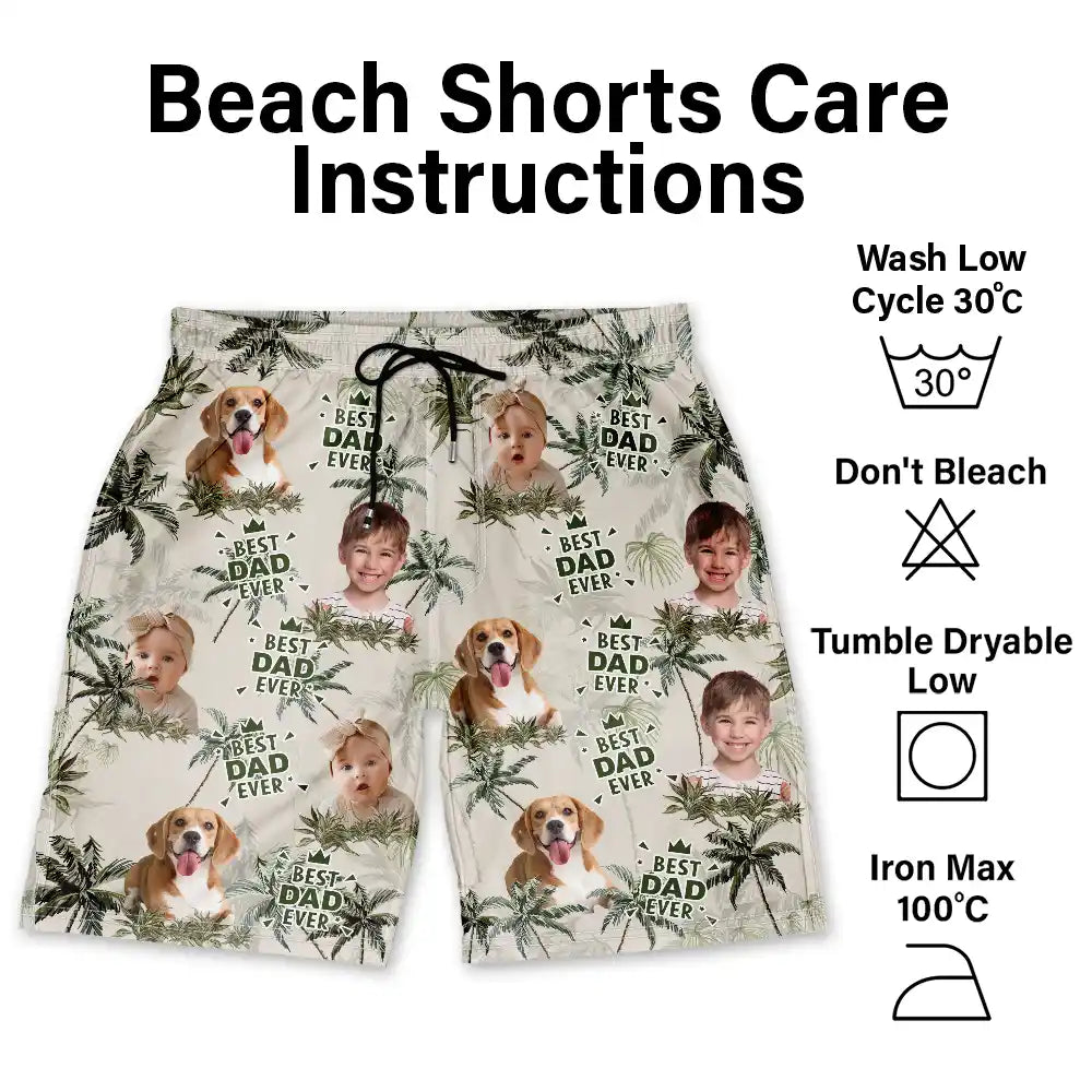 Gift For Husband,Gift For Yourself,Gift For Men,Gift For Father,Gift For Grandpa,Dog Lovers,Pet Lovers,Cat Lovers,Dog Dad,Cat Dad,Pet Dad,Summer,Non-Eng,Photo,Playful - Custom Photo Best Dog Dad Ever Tropical Palm Dog Cat Kid - Personalized Unisex Beach Shorts