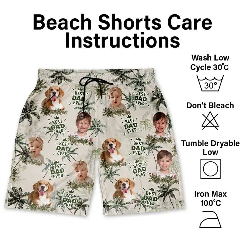 Gift For Husband,Gift For Yourself,Gift For Men,Gift For Father,Gift For Grandpa,Dog Lovers,Pet Lovers,Cat Lovers,Dog Dad,Cat Dad,Pet Dad,Summer,Non-Eng,Photo,Playful - Custom Photo Best Dog Dad Ever Tropical Palm Dog Cat Kid - Personalized Unisex Beach Shorts