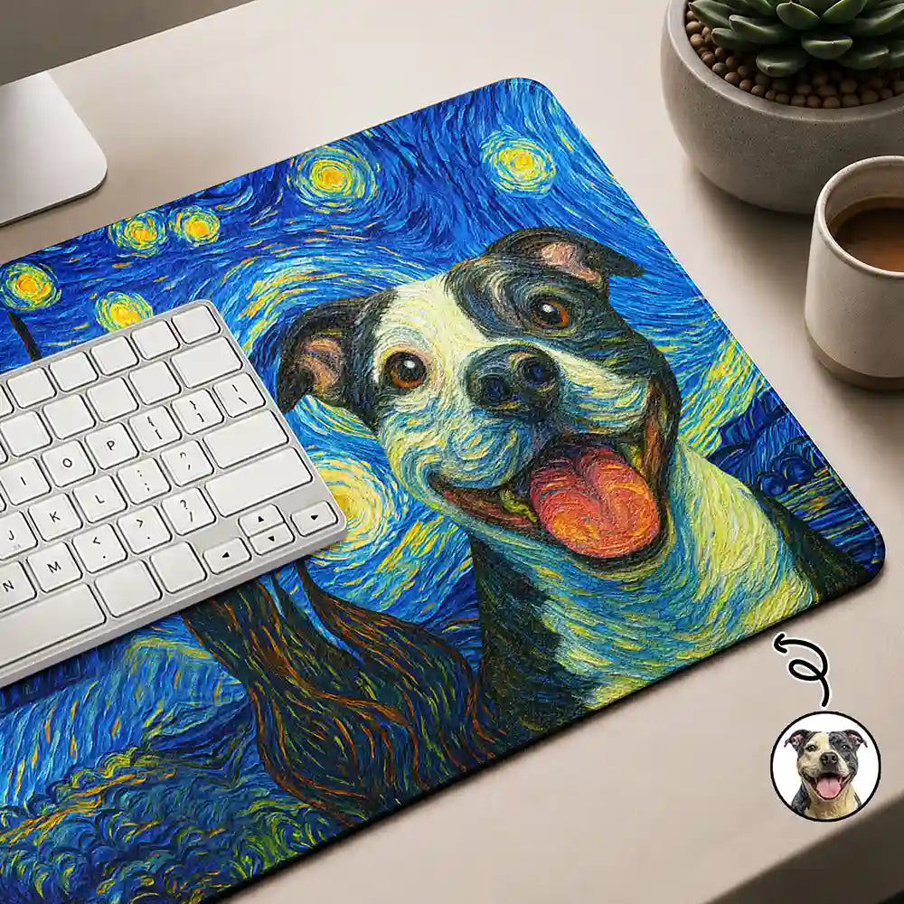 Gift For Husband,Gift For Yourself,Gift For Men,Gift For Father,Gift For Grandpa,Dog Lovers,Dog Dad,Pet Lovers,Pet Dad,Cat Lovers,Non-Eng,Photo - Starry Night,Playful - Custom Photo Starry Night Dog Cat Pet Kid - Personalized Leather Desk Mat