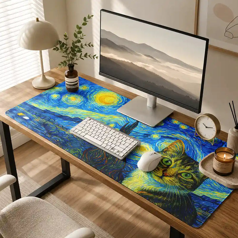 Gift For Husband,Gift For Yourself,Gift For Men,Gift For Father,Gift For Grandpa,Dog Lovers,Dog Dad,Pet Lovers,Pet Dad,Cat Lovers,Non-Eng,Photo - Starry Night,Playful - Custom Photo Starry Night Dog Cat Pet Kid - Personalized Leather Desk Mat