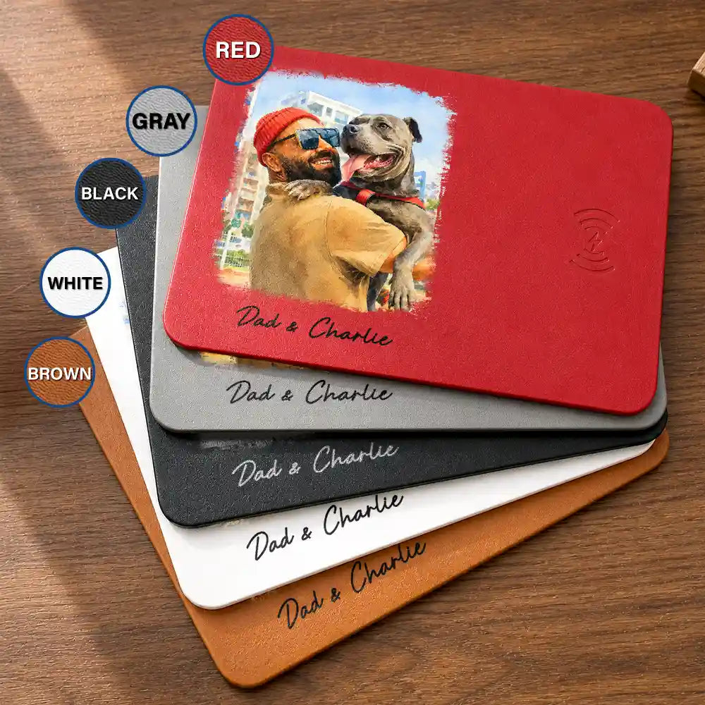 Gift For Husband,Gift For Yourself,Gift For Men,Gift For Father,Gift For Grandpa,Pet Dad,Non-Eng,Photo - Watercolor (with BG),Cozy - Custom Photo Watercolor Painting I Love You Daddy Grandpa Pet Dad - Personalized Leather Charging Mat