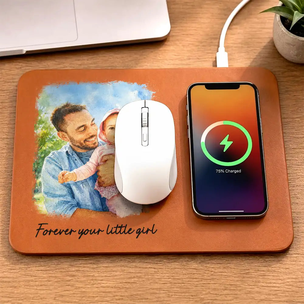 Gift For Husband,Gift For Yourself,Gift For Men,Gift For Father,Gift For Grandpa,Pet Dad,Non-Eng,Photo - Watercolor (with BG),Cozy - Custom Photo Watercolor Painting I Love You Daddy Grandpa Pet Dad - Personalized Leather Charging Mat