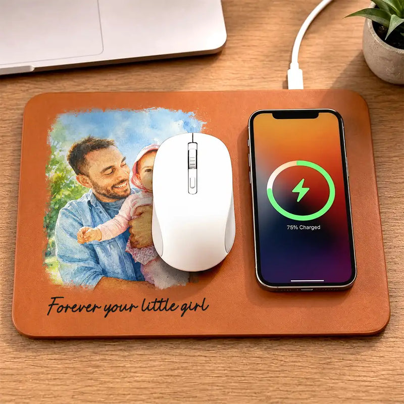 Gift For Husband,Gift For Yourself,Gift For Men,Gift For Father,Gift For Grandpa,Pet Dad,Non-Eng,Photo - Watercolor (with BG),Cozy - Custom Photo Watercolor Painting I Love You Daddy Grandpa Pet Dad - Personalized Leather Charging Mat