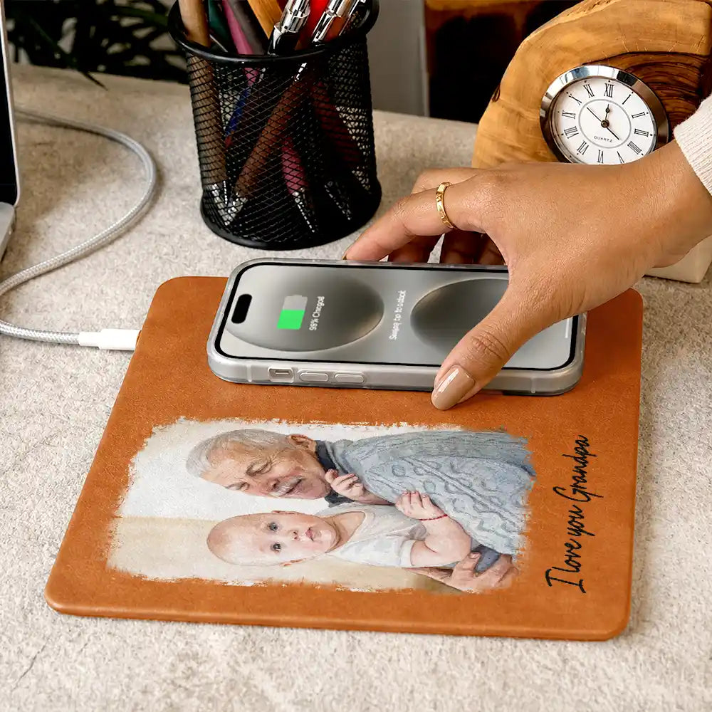 Gift For Husband,Gift For Yourself,Gift For Men,Gift For Father,Gift For Grandpa,Pet Dad,Non-Eng,Photo - Watercolor (with BG),Cozy - Custom Photo Watercolor Painting I Love You Daddy Grandpa Pet Dad - Personalized Leather Charging Mat