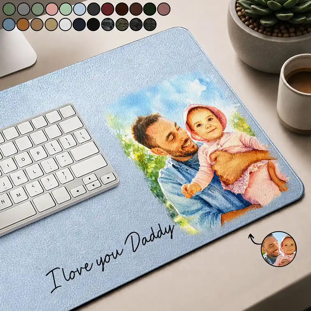 Gift For Husband,Gift For Yourself,Gift For Men,Gift For Father,Gift For Grandpa,Pet Dad,Non-Eng,Photo - Watercolor (with BG),Cozy - Custom Photo Watercolor Painting I Love You Daddy Grandpa Pet Dad - Personalized Leather Desk Mat