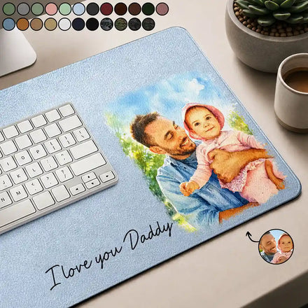 Custom Photo Watercolor Painting I Love You Daddy Grandpa Pet Dad - Personalized PU Leather Desk Mat