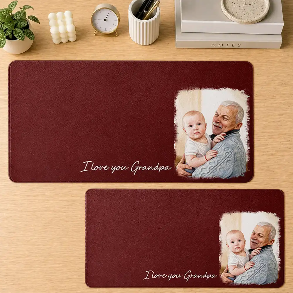 Gift For Husband,Gift For Yourself,Gift For Men,Gift For Father,Gift For Grandpa,Pet Dad,Non-Eng,Photo - Watercolor (with BG),Cozy - Custom Photo Watercolor Painting I Love You Daddy Grandpa Pet Dad - Personalized Leather Desk Mat