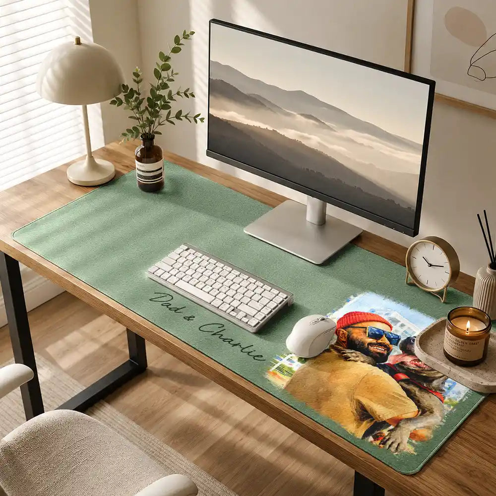 Gift For Husband,Gift For Yourself,Gift For Men,Gift For Father,Gift For Grandpa,Pet Dad,Non-Eng,Photo - Watercolor (with BG),Cozy - Custom Photo Watercolor Painting I Love You Daddy Grandpa Pet Dad - Personalized Leather Desk Mat