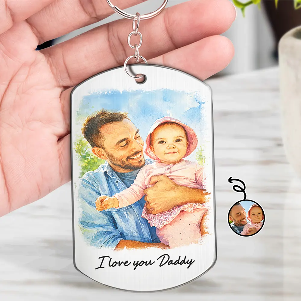 Gift For Husband,Gift For Yourself,Gift For Men,Gift For Father,Gift For Grandpa,Pet Dad,Non-Eng,Photo - Watercolor (with BG),Cozy - Custom Photo Watercolor Painting I Love You Daddy Grandpa Pet Dad - Personalized Aluminum Keychain