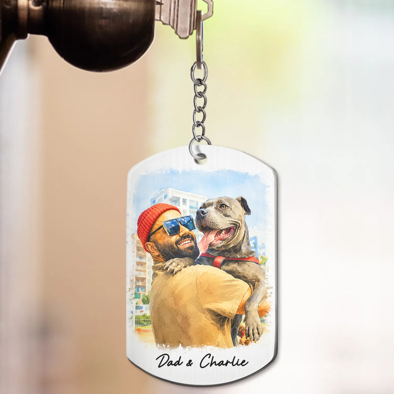 Gift For Husband,Gift For Yourself,Gift For Men,Gift For Father,Gift For Grandpa,Pet Dad,Non-Eng,Photo - Watercolor (with BG),Cozy - Custom Photo Watercolor Painting I Love You Daddy Grandpa Pet Dad - Personalized Aluminum Keychain