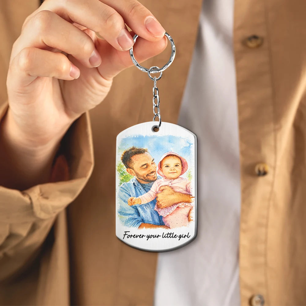 Gift For Husband,Gift For Yourself,Gift For Men,Gift For Father,Gift For Grandpa,Pet Dad,Non-Eng,Photo - Watercolor (with BG),Cozy - Custom Photo Watercolor Painting I Love You Daddy Grandpa Pet Dad - Personalized Aluminum Keychain
