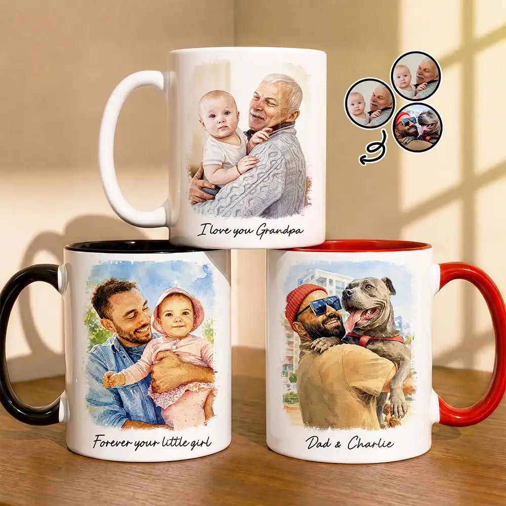 Gift For Husband,Gift For Yourself,Gift For Men,Gift For Father,Gift For Grandpa,Pet Dad,Non-Eng,Photo - Watercolor (with BG),Cozy - Custom Photo Watercolor Painting I Love You Daddy Grandpa Pet Dad - Personalized Mug