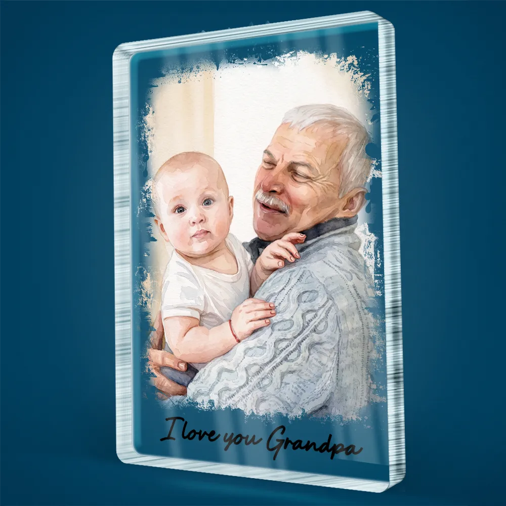 Gift For Husband,Gift For Yourself,Gift For Men,Gift For Father,Gift For Grandpa,Non-Eng,Photo - Watercolor (with BG),Cozy - Custom Photo Watercolor Painting I Love You Daddy Grandpa Pet Dad - Personalized Custom Shaped Acrylic Plaque