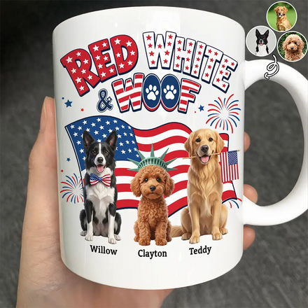 Custom Photo 3D Cartoon With US Accessories Red White Woof - Personalized Mug