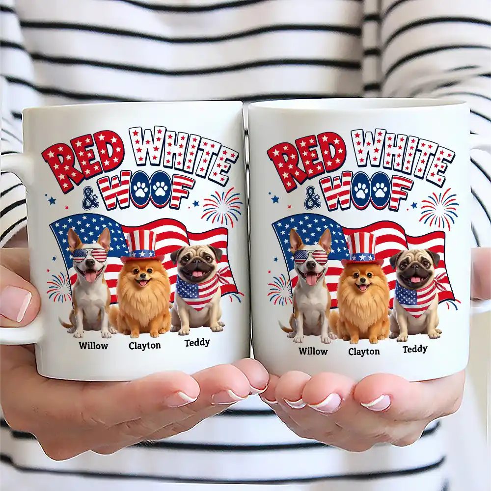 America 250th, Custom Photo, Independence Day, Art Design, Pet Lovers, Playful, Photo - US Theme Accessories 3D Cartoon - Custom Photo 3D Cartoon With US Accessories Red White Woof - Personalized Mug