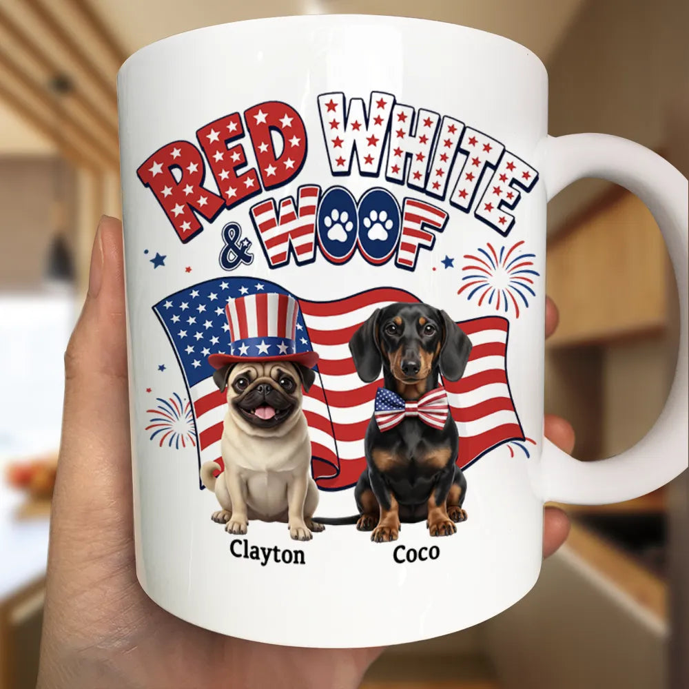 America 250th, Custom Photo, Independence Day, Art Design, Pet Lovers, Playful, Photo - US Theme Accessories 3D Cartoon - Custom Photo 3D Cartoon With US Accessories Red White Woof - Personalized Mug