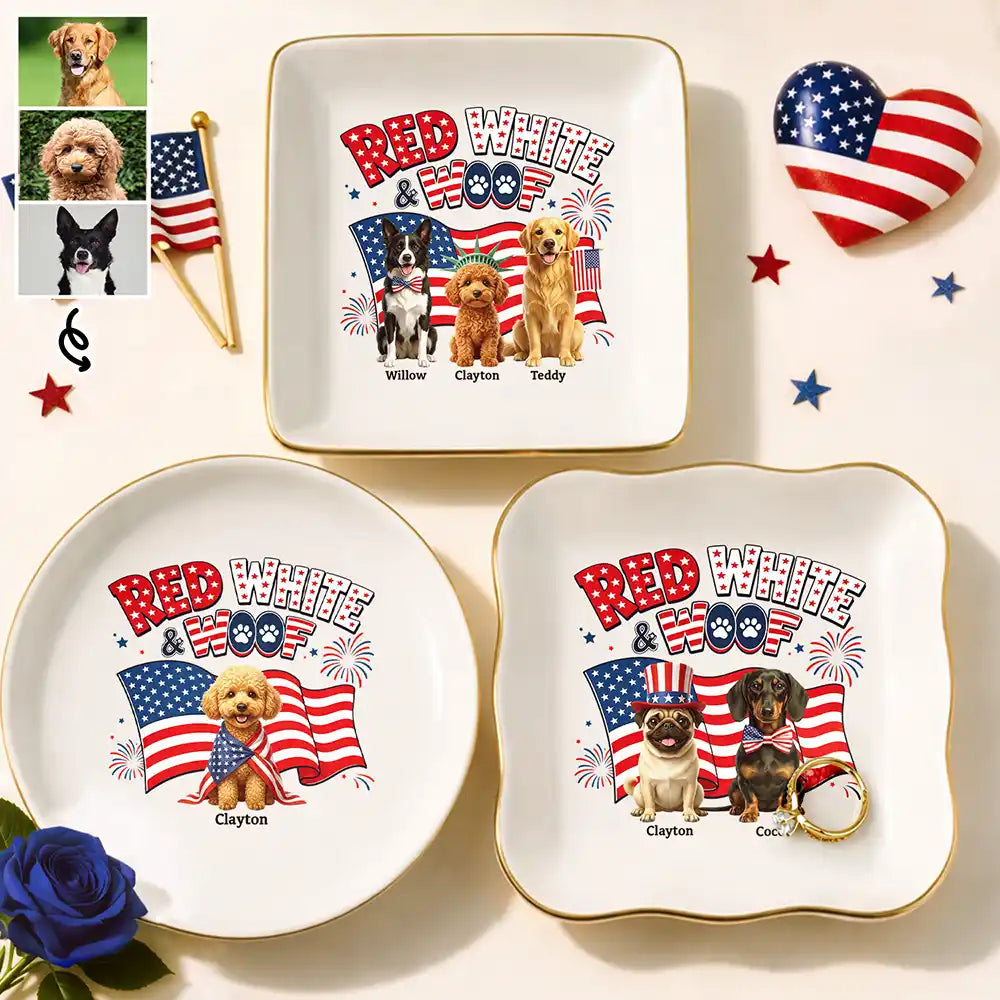 America 250th,Custom Photo,Independence Day,Art Design,Pet Lovers,Playful,Photo - US Theme Accessories 3D Cartoon - Custom Photo 3D Cartoon With US Accessories Red White Woof - Personalized Ring Dish