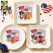 America 250th,Custom Photo,Independence Day,Art Design,Pet Lovers,Playful,Photo - US Theme Accessories 3D Cartoon - Custom Photo 3D Cartoon With US Accessories Red White Woof - Personalized Ring Dish