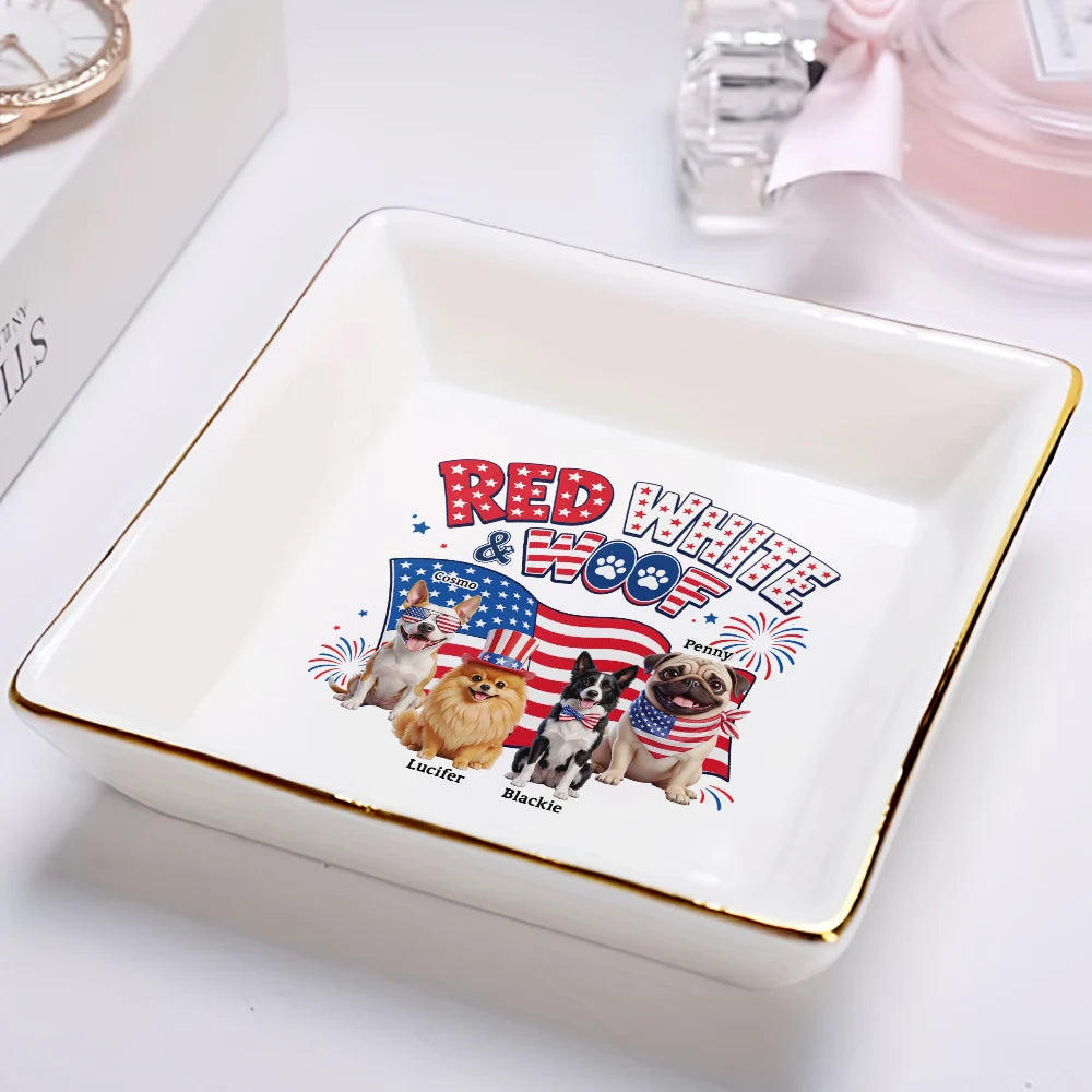 America 250th,Custom Photo,Independence Day,Art Design,Pet Lovers,Playful,Photo - US Theme Accessories 3D Cartoon - Custom Photo 3D Cartoon With US Accessories Red White Woof - Personalized Ring Dish