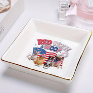 America 250th,Custom Photo,Independence Day,Art Design,Pet Lovers,Playful,Photo - US Theme Accessories 3D Cartoon - Custom Photo 3D Cartoon With US Accessories Red White Woof - Personalized Ring Dish