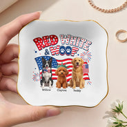America 250th,Custom Photo,Independence Day,Art Design,Pet Lovers,Playful,Photo - US Theme Accessories 3D Cartoon - Custom Photo 3D Cartoon With US Accessories Red White Woof - Personalized Ring Dish