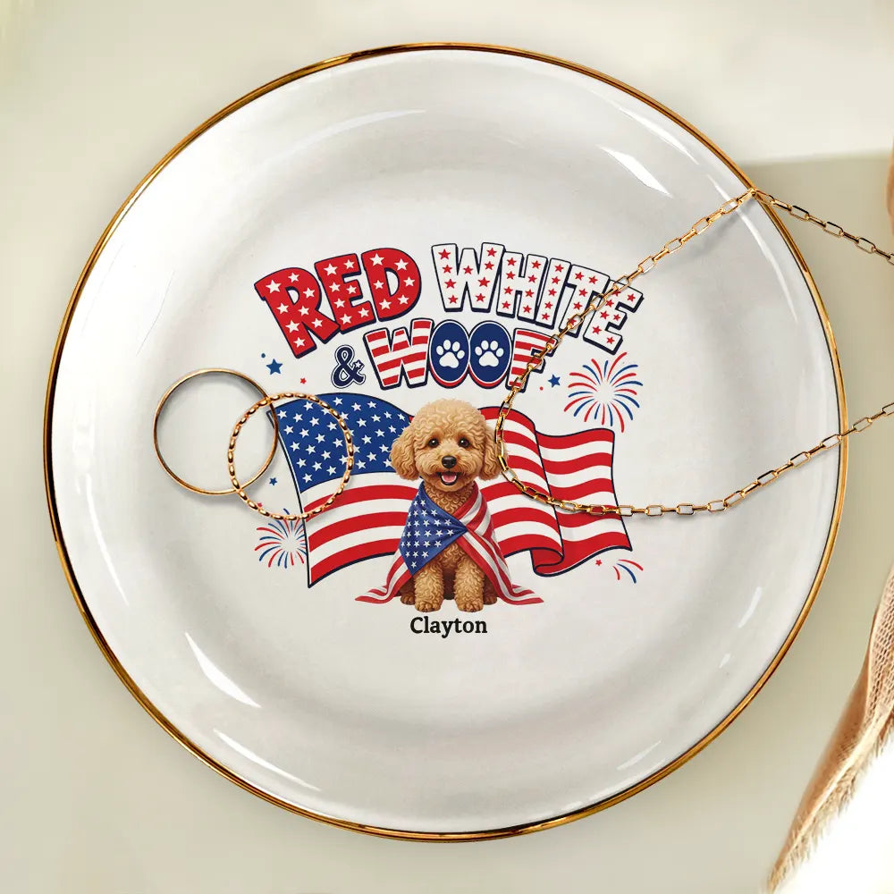 America 250th,Custom Photo,Independence Day,Art Design,Pet Lovers,Playful,Photo - US Theme Accessories 3D Cartoon - Custom Photo 3D Cartoon With US Accessories Red White Woof - Personalized Ring Dish