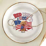 America 250th,Custom Photo,Independence Day,Art Design,Pet Lovers,Playful,Photo - US Theme Accessories 3D Cartoon - Custom Photo 3D Cartoon With US Accessories Red White Woof - Personalized Ring Dish