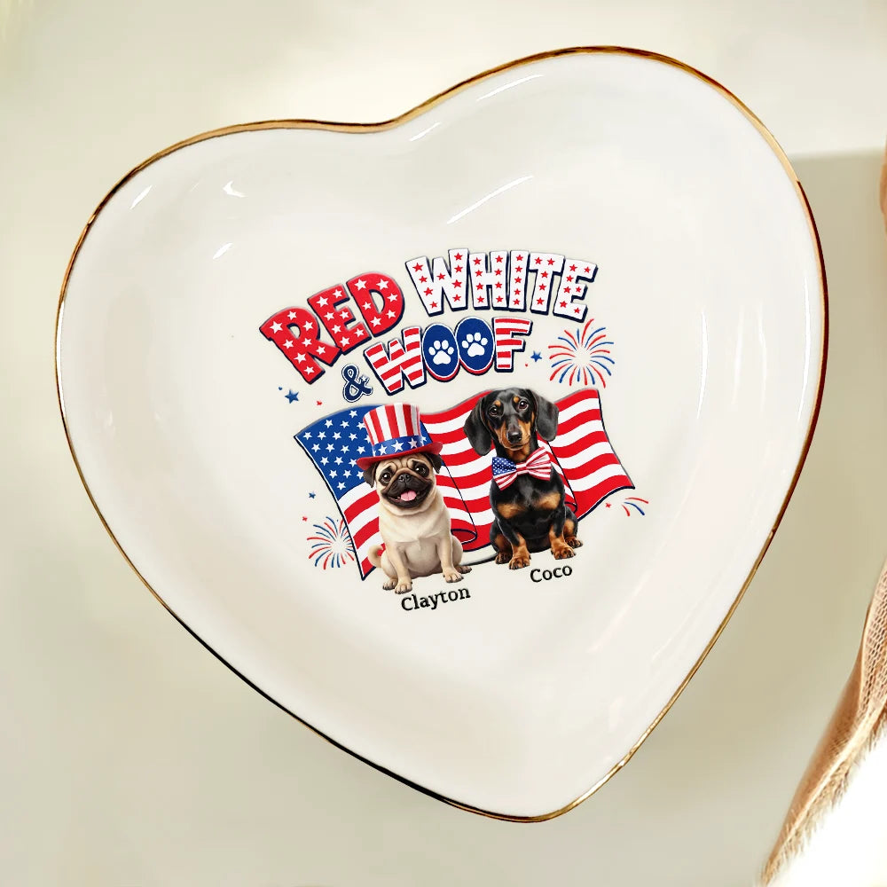 America 250th,Custom Photo,Independence Day,Art Design,Pet Lovers,Playful,Photo - US Theme Accessories 3D Cartoon - Custom Photo 3D Cartoon With US Accessories Red White Woof - Personalized Ring Dish