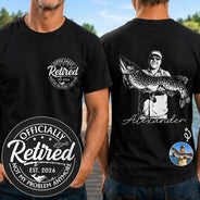 Custom Photo, Fishing, Art Design, Summer, Retirement, Gift For Men, Gift For Yourself, Humorous, Photo - Pencil Sketch - Dark BG - Custom Photo White Pencil Sketch Art O'Fishally Retired - Personalized T Shirt